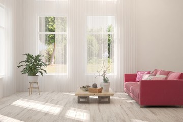 Stylish room in white color with sofa. Scandinavian interior design. 3D illustration