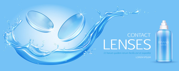 Contact lenses and solution bottle mock up on water splash background, ophthalmology equipment for vision disorder correction, soft breathable contact lens medical ad banner design Realistic 3d vector