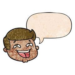 happy cartoon male face and speech bubble in retro texture style