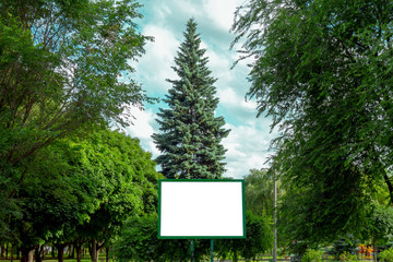 Billboard with copy space in park. Blank poster board among green trees and under blue sky. Banner panel with white background to text or messsage ad and marketing info