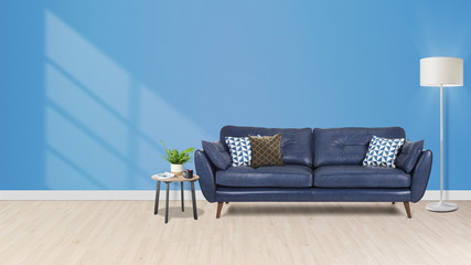 Large luxury modern bright interior room with sofa 3d illustration