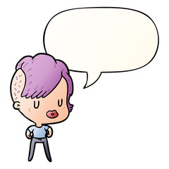cartoon girl and punk hipster haircut and speech bubble in smooth gradient style