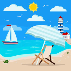 Panoramic sea landscape: calm blue ocean, clouds, gull, sailboat, lighthouse, sun lounger with parasol on sand coastline with grass. Vector illustration of seascape background in flat cartoon style.