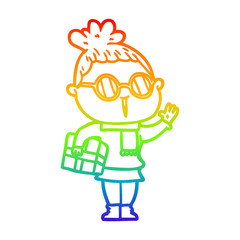 rainbow gradient line drawing cartoon woman wearing spectacles