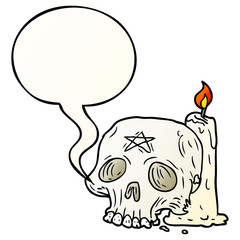 cartoon spooky skull and candle and speech bubble in smooth gradient style