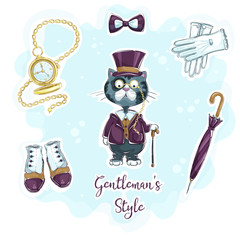 Set of funny hand drawing stickers for retro gentleman style. Cartoon cat, gold watch, umbrella cane, gentleman's boots, white gloves. Vector objects.