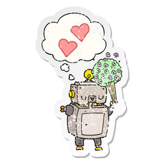 cartoon robot in love and thought bubble as a distressed worn sticker