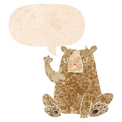 cartoon bear;waving and speech bubble in retro textured style