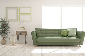 Fototapeta premium Stylish room in white color with sofa. Scandinavian interior design. 3D illustration