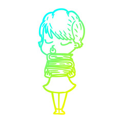 cold gradient line drawing cartoon woman with eyes shut