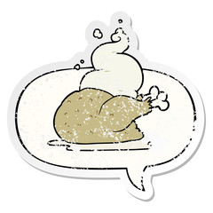 cartoon whole cooked chicken and speech bubble distressed sticker