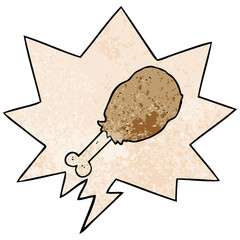 cartoon chicken leg and speech bubble in retro texture style