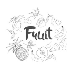 Set of hand drawn doodle fruits. Fresh and tasty food. Collection of design elements