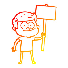 warm gradient line drawing cartoon happy man with placard