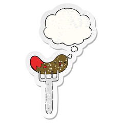 cartoon sausage and fork and thought bubble as a distressed worn sticker