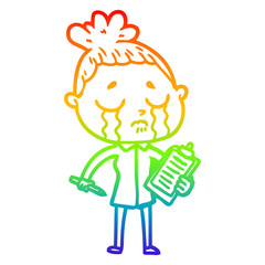 rainbow gradient line drawing cartoon crying saleswoman