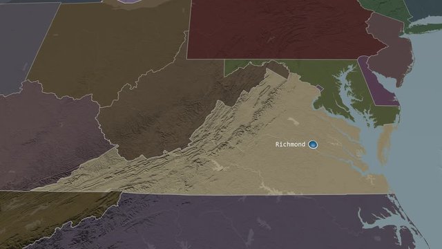 Virginia - state of the United States zoomed on the administrative map of the globe. Animation 3D