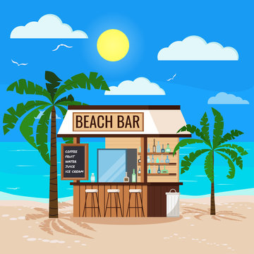 Panoramic tropical seascape with ocean, sun, wooden beach bar, palms tree, chair, trashcan. Summer restaurant with friger selling cold alcohol drinks, water. Vector cartoon flat style illustration.