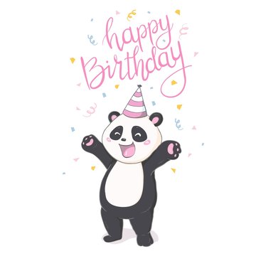 Happy birthray panda sticker on white backround.