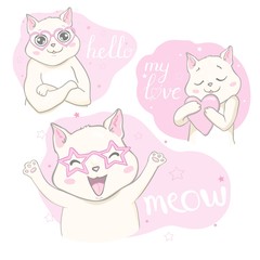 Hand drawn vector illustration of a kawaii funny unicorn cat with slogan phrase i`m cutie. Isolated objects on white background. Line drawing. Design concept for children print.