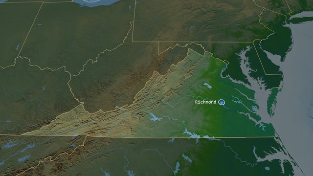 Virginia - state of the United States zoomed on the physical map of the globe. Animation 3D