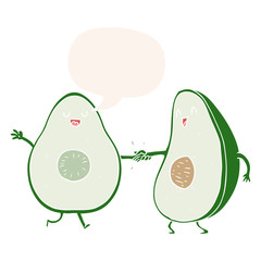 cartoon dancing avocados and speech bubble in retro style