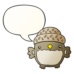 cute cartoon owl in hat and speech bubble in smooth gradient style
