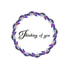 thinking of you - card. vector illustration. Floral frame made from lavender flowers. Purple colors