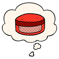 cartoon beauty lotion tub and thought bubble in comic book style