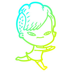 Fototapeta premium cold gradient line drawing cute cartoon girl with hipster haircut
