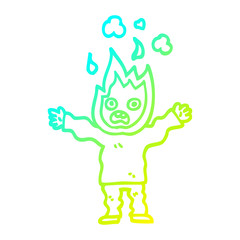 cold gradient line drawing cartoon man with head on fire