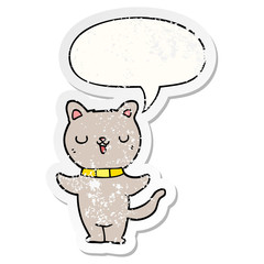 cartoon cat and speech bubble distressed sticker