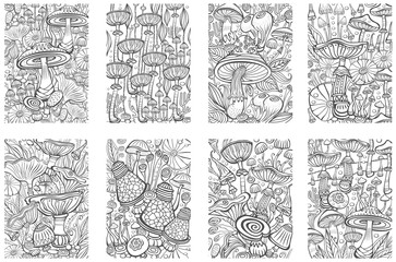 Set of Mushrooms Coloring antistress book page