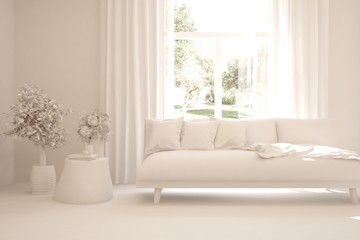 Obraz na płótnie Canvas Mock up of stylish room in white color with sofa. Scandinavian interior design. 3D illustration