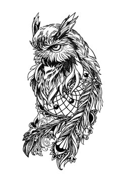 recommend clip art: sketch of a bird owl with dream catcher and patterns