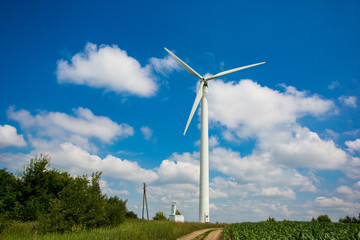 Fototapeta premium Energy concept. Single wind turbine set up in farmland in summer. Alternative electricity source