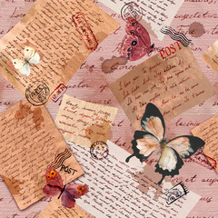 Vintage aged paper with hand written notes, butterflies, postal stamps. Repeating pattern