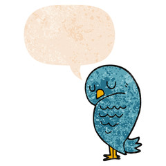 cartoon bird and speech bubble in retro textured style