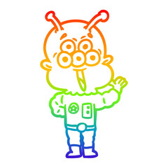 rainbow gradient line drawing happy cartoon alien waving