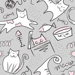 Gordijnen Grappige katten en vissen - schattig naadloos patroon met digitaal schilderen in grijze en roze kleuren © justesfir