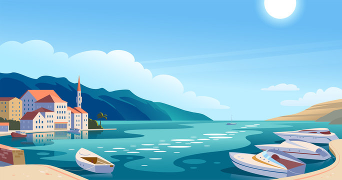 Vector flat landscape illustration of beautiful nature view: sky, mountains, water, cozy European town houses on sea coast. For travel banner, card, vacation touristic advertising, brochure, flayer.