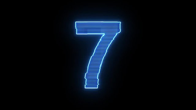 Number 7 blue hologram distorted text 4K animation
