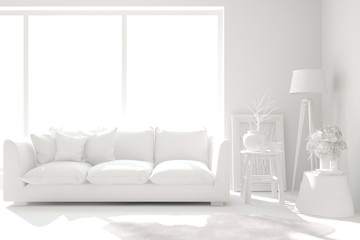 Mock up of stylish room in white color with sofa. Scandinavian interior design. 3D illustration