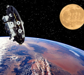 Spaceship and moon. Earth on the backdrop. The elements of this image furnished by NASA.
