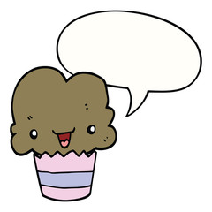 cartoon cupcake and face and speech bubble