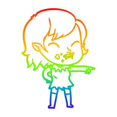 rainbow gradient line drawing cartoon vampire girl with blood on cheek