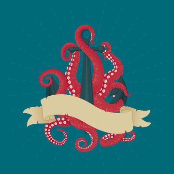 Anchor with pink tentacles and vintage ribbon. Naval theme illustration. Adventure, exploration, danger symbol.