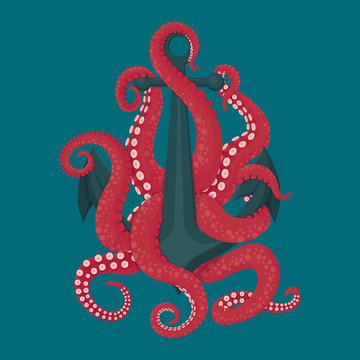 Anchor with pink octopus tentacles. Naval theme illustration. Adventure, exploration, danger symbol.