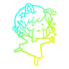 cold gradient line drawing cartoon crying alien girl