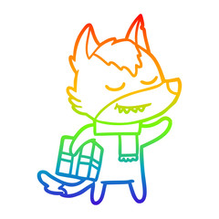 rainbow gradient line drawing friendly cartoon wolf carrying christmas present